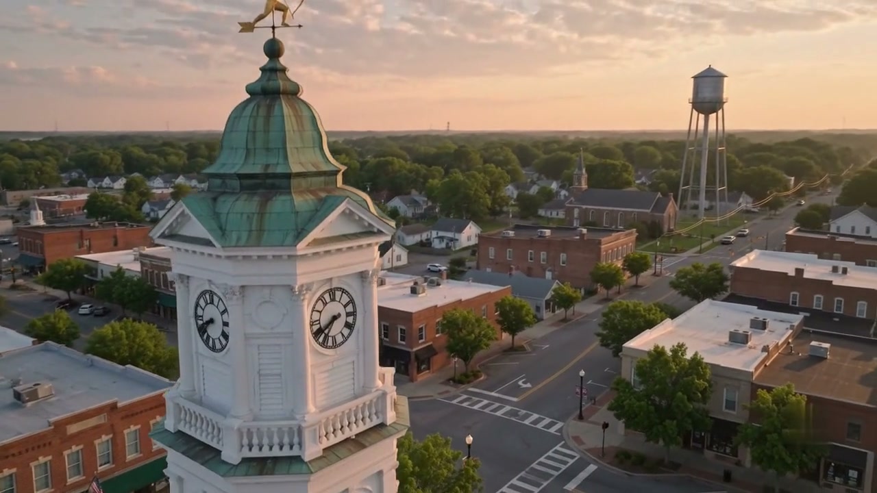 Camden, South Carolina at golden hour with the historic Opera House clock tower